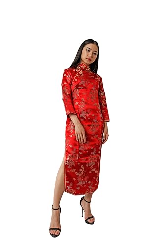 Costumizate! Kimono o Qipao Color Rojo con Manga Larga. Vestido Oriental para Mujer. (XL)