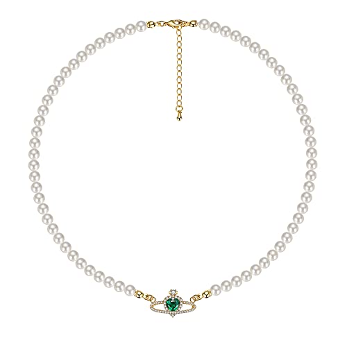 Collier perles pour femmes, tour de cou rond imitation perles et pendentif cœur doré