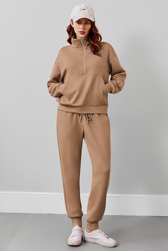 Image of PINSPARK 2 Piece Sets for Women Long Sleeve Half Zip Tracksuit Jogger Sets | 2026 Fall Travel Outfits Lounge Set, Lightweight Soft Air Layer Fabric, Kangaroo Pocket Sweatshirt, Drawstring Joggers Pants