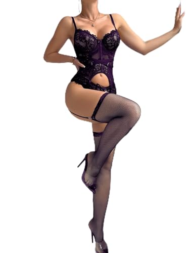 Image of Alrovetoney Sexy Lingerie Set 4pcs Teddy Bodysuit With Bra And Panties & Thigh Highs Corset Bodysuit XS-3XL