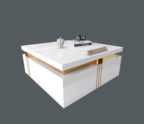 Image of Premium Marble-Top Wooden Center Table for Living Room | Coffee Table | Contemporary Design Craftsmanship (White Big - 36x36x17 Inch)