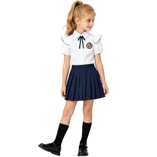 Zzalalana - Girls School Uniform Outfits - Short Sleeve Button Down Shirt and Pleated Skirt Set with Bow Tie, Socks, and Badge - Best Deal on Amazon