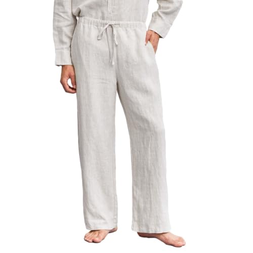 Amazhiyu Men's 100% Linen Summer Casual Elastic Drawstring Loose Pants Pockets Flax, Medium - Main Image
