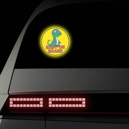 Image of 2PCS Assured Signs Baby On Board Sign Stickers,Reflective Baby Safety Warning Decal for Cars- Bright Yellow, Durable (Dinosaur Baby on Board)