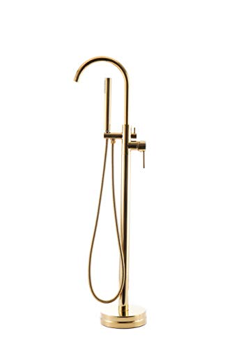 Freestanding Bathtub Faucet - Floor Mount Tub Filler with Handheld Shower - Strong Brass Bathroom Tub Faucets - Stylish & Long-Lasting Single Handle Free Standing Bath Faucet (Polished Gold)
