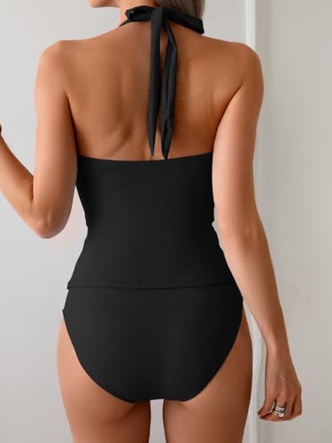 B2prity Women's Halter Tankini Set Tummy Control Swimsuit Mesh V Neck Two Piece Bathing Suit with High Waisted Bottom2