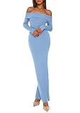 PRETTYGARDEN Women's 2025 Fall Sweater Dress Long Sleeve Off Shoulder Slit Maxi Bodycon Cocktail Party Dresses (Light Blue,Medium)