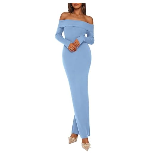 PRETTYGARDEN Women's 2025 Fall Sweater Dress Long Sleeve Off Shoulder Slit Maxi Bodycon Cocktail Party Dresses (Light Blue,Medium)