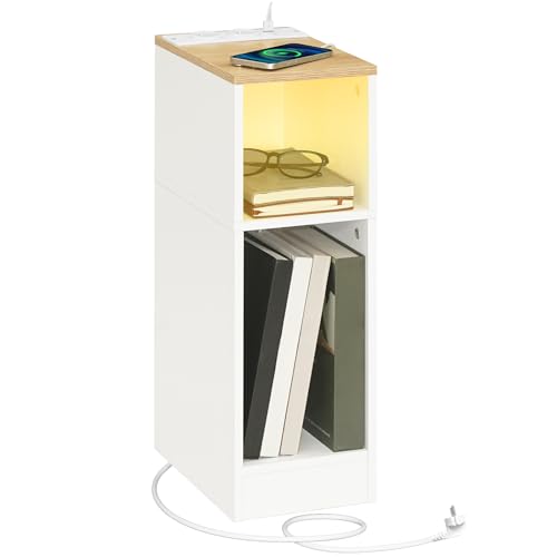 MAHANCRIS Mesa Auxiliar con Base de Carga, Mesilla de Noche, Mesita de Centro con Luz LED con Sensor para Espacios Pequeños, Salones, Dormitorios, Marrón y Blanco AETNW25UE01N1