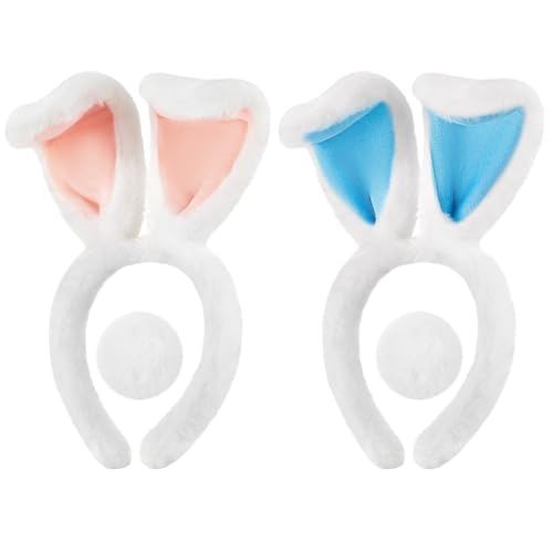 Zeyune 4 Pcs 2pcs/4pcs Christmas Bunny Ears Headband for Kid with Pom Tail Monster Cartoon Toy Character Cosplay for Toddler Girl (White,Blue)