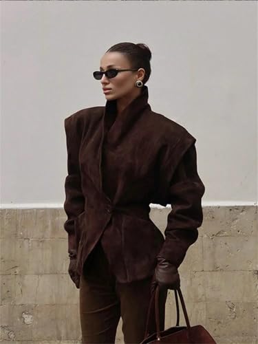 Women Solid Waist Cinching Blazer Shoulder Pads Lapel Single Breasted Long Sleeves Jackets Casual Street Outerwear2