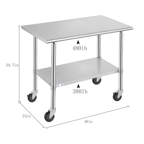 Image of ROCKPOINT Stainless Steel Table for Prep & Work with Caster Wheels 24x48 Inches, NSF Metal Commercial Kitchen Heavy Duty Table with Adjustable Under Shelf and Table Foot for Restaurant, Home and Hotel