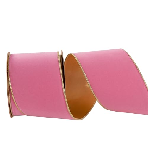 CSZD RIBBON 4 Inch Wide Pink and Gold Velvet Wired Ribbon 10Yards Christmas Double Sided Velvet Ribbon for Christmas Tree Wreaths Gift Wrapping Bows Gralands Home Decor Crafts (Pink)