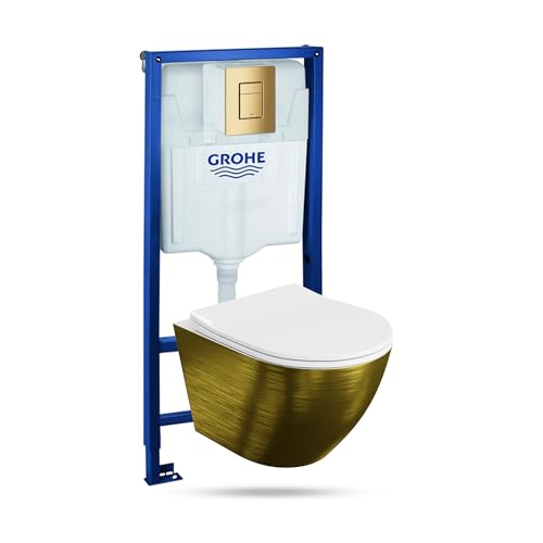 LAVITA Vorwandelement Solido + Wand Hänge WC Sofi Slim Brushed Gold Spülrandlos + WC Sitz mit Absenkautomatik Goldener Knopf Komplettset Unterputz Spülkasten Toilette Komplett Sett WC