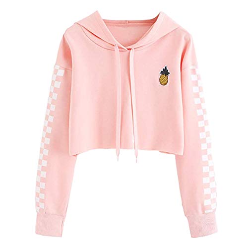 Shevog Women's Sweatshirt Hoodie Plaid Print Long Sleeve Hooded Pullover Jumper Crop Top (Pink, UK 10 /Tag L)
