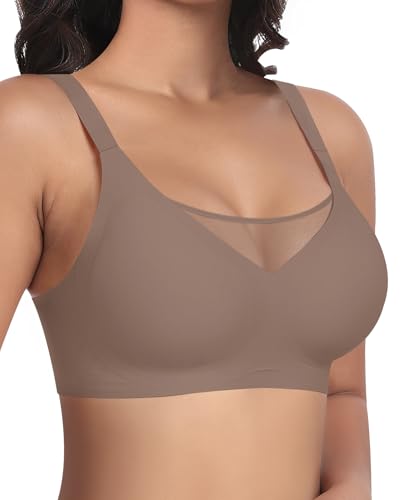 Damen Nahtloser BH Ohne Bügel Mit Modischer Mesh Glatter Weicher Bequemer BH Gepolsterter BH Bustier Bügellos Soft Bra Seamless Bralette T-Shirt (Kaffee, M)