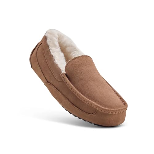 Mens Moccasin SlippersSuede Upper with Plush Lambswool LiningHand-Stitched Classic Moccasin StyleNaturally Moulds to the Foot with Cushioned Comfort & Durable for Indoor & Outdoor - Chestnut/UK 7