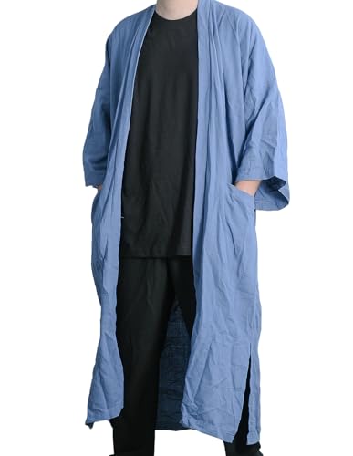 Image of Men's Long Cotton Linen Kimono Cardigan Oversized Noragi Jacket Man Haori Summer Yukata Beach Robe