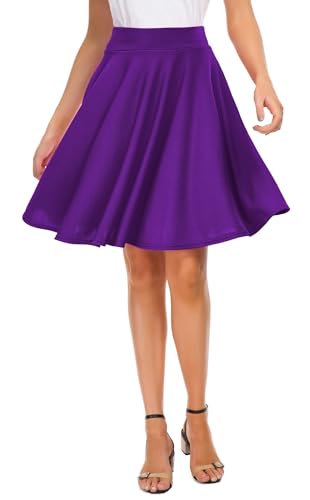 Image of EXCHIC Women's Casual Stretchy Flared Mini Skater Skirt Basic A-Line Pleated Midi Skirt
