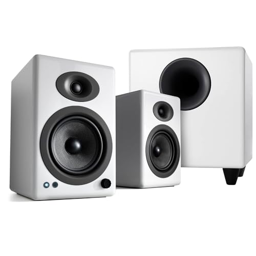 Image of Audioengine A5 White 150W Powered Bookshelf Speakers and 250W S8 White Subwoofer with Remote