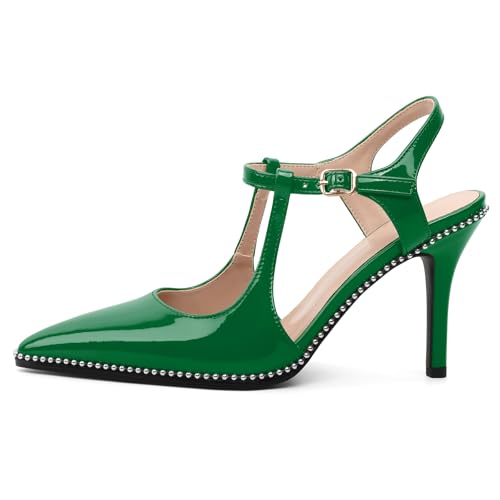 Image of SAMMITOP Womens High Heels Ankle Strap Pointed Toe Stilettos Patent Leather Beaded Pumps Dress Shoes 3.5 Inch