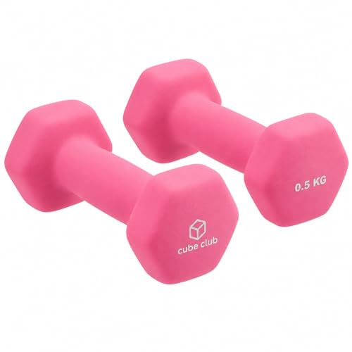 Image of The Cube Club Neoprene Dumbbells Set 0.5kg x 2 for Women & Men | Anti-Slip Hex Dumbbells | Half kg dumbbells| Gym Equipment for Home Workout, Yoga, Pilates& Strength Training - Pink 1kg