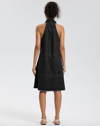 Locachy Women's Summer Sleeveless Halter Neck Button Down Denim Dress Casual A-Line Jean Shirt Dresses2