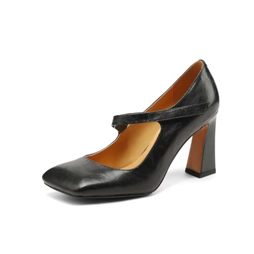 TinaCus Handmade Women's Genuine Leather Square Toe High Block Heel Slip On Mary Jane Pumps