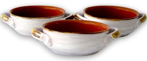 Set 3 Terrine in Terracotta Tegami Senza Coperchio Bianco Terre Antiche Zuppiere con manici Colì Maioliche e Terrecotte dal 1650 Bianco 17x17x6 cm