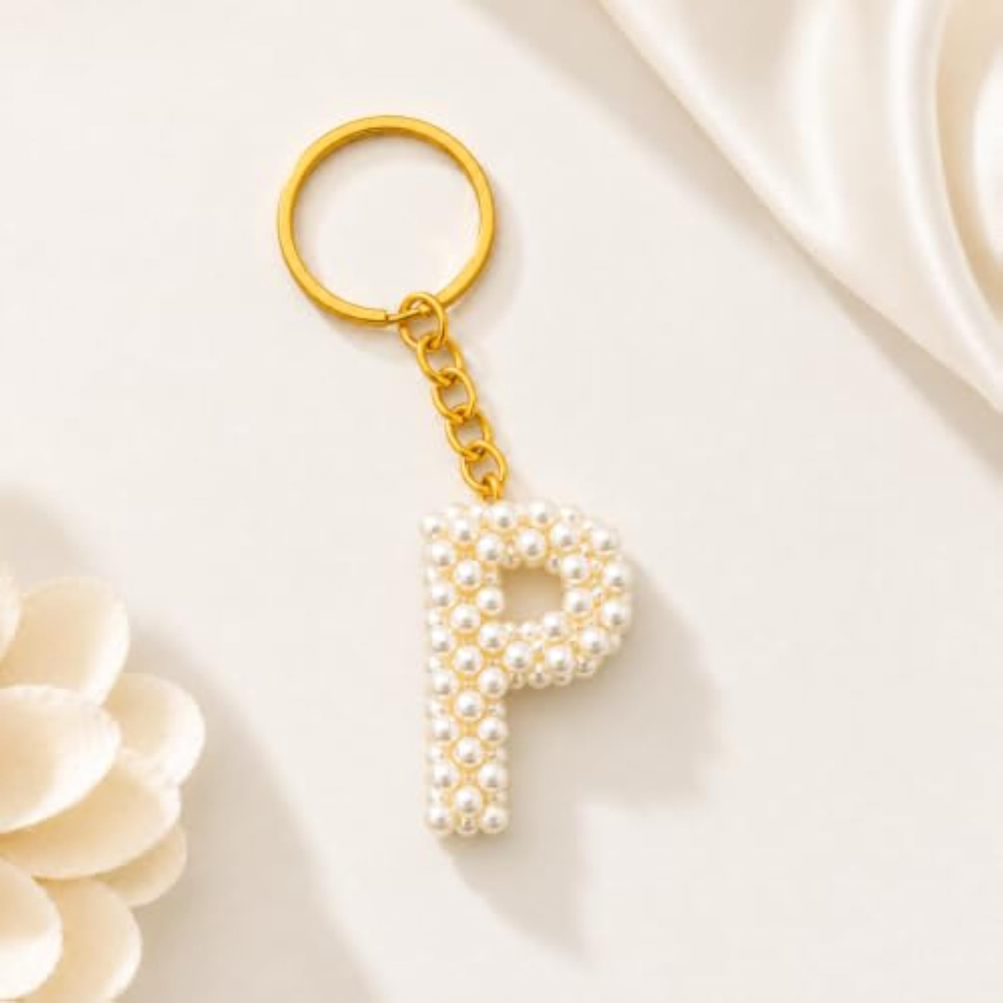 Pearl Letter P Keychain - Handcrafted Keyring