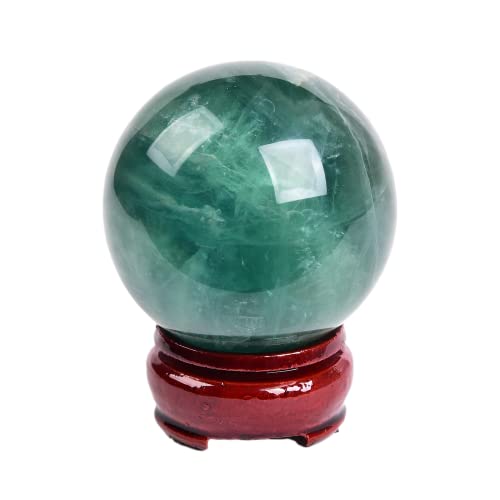 JIC Gem Small Natural Fluorite Crystal Ball Green Purple Quartz Healing Gemstone Sphere with Decorative Wooden Stand for Meditation,Home Decoration Christmas Day Gifts (60-70mm)