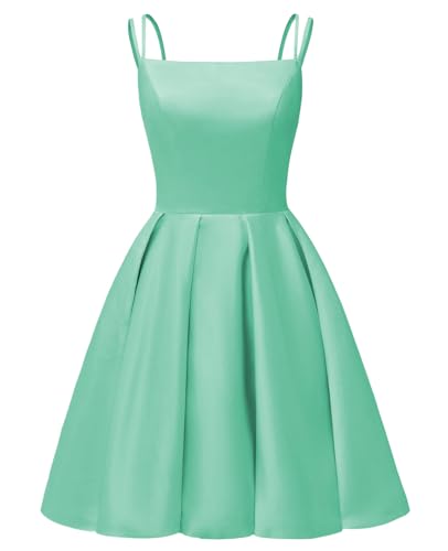 Image of Tianzhihe Satin Homecoming Dresses for Teens 2026 Spaghetti Straps A-line Square Neck Short Cocktail Party Dress with Pockets