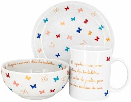 Kit Café da Manha Porcelana Borboleta Prato Caneca Tigela