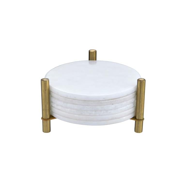Queenza Marble Coaster Set of 6 with Metal Holder, Pearl White Marble Coasters Round Tiles 3.5 Inch Wide 5 mm Thick, Both Side Polish for Scratch Free Surface