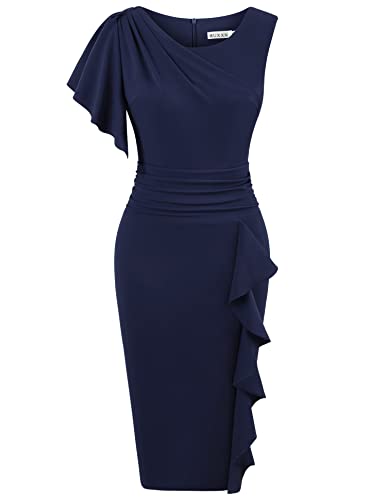 Muxxn Women's Elegant Midi Pencil Sleeveless Crew Neck Bodycon Vintage Office Pleated Wear To Work Dress Navy Blue M #TOP5