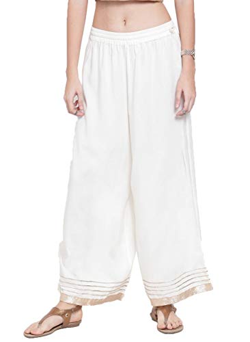 Manas Crafts Pants for Women Wide Leg Palazzo Elastic Waist Loose Pajama Comfy Trouser Yoga (M) Off-White