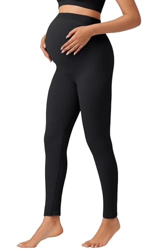 Angelhood High Waisted Maternity Ribbed Over The Belly Leggings for Women, Seamless Workout Leggings Yoga Athletic Pants, Black, Small