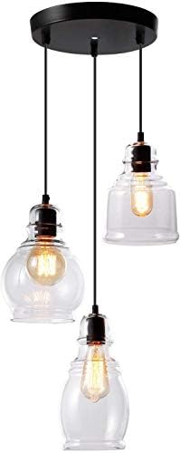 ESCENA Glass Pendant Light, UL-Listed Classic Hanging Lighting Fixture, Elegant Antique Clear Jar Chandelier, for Kitchen Sink, Dinning Room, Bar, Cafe