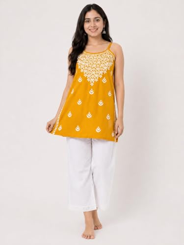 Image of Women's Chikankari Rayon Top Sleeveless Strappy Kurti | Embroidered A-Line Tunic for Women | Summer Ethnic Casual Wear Top with Spaghetti Straps