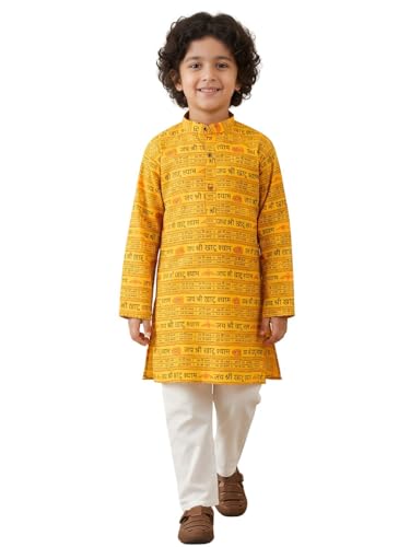 Image of AJ DEZINES Boys Cotton Full Sleeve Letter Printed Kurta Pajama Set for Kids - Ethnic wear | Special Occasion & Traditional Outfit |Boys Kurta Set - Regular Fit