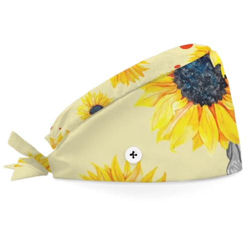 Mularoka Hand Painted Skull Sunflower Working Caps with Button Sweatband Comfortable Adjustable Bouffant Hats Work Hat for Women Men