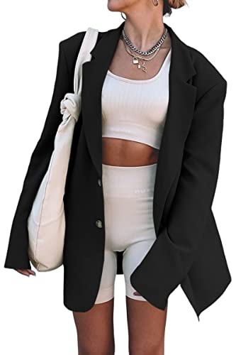 Grlasen Women Casual Elegant Long Sleeve Oversized Lapel Blazers Open Front Solid Work Office Jacket Blazer Black #TOP1