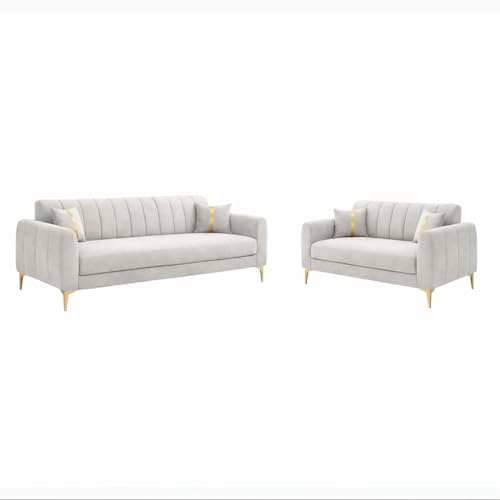 Image of Hermione Luxe Velvet-Suede Fabric 3 Seater + 2 Seater Sofa Set | Golden Legs | Comfortable & Spacious Seating | Modern Sofa Set for Living Room - Light Gray