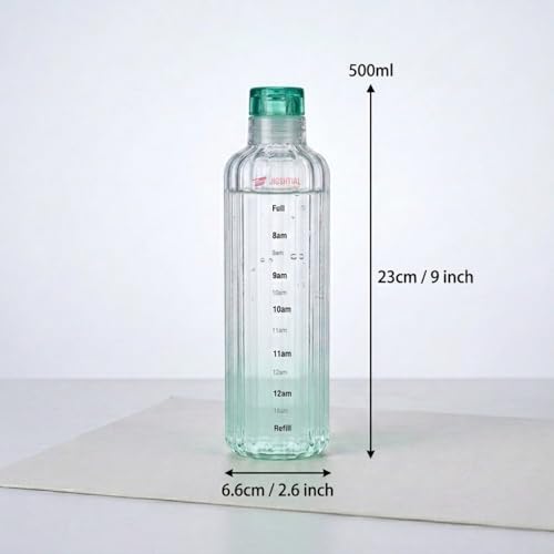 Image of Borosilicate Water Bottles, H2O Fridge Water Bottle with Cap, Leak proof & Airtight Lid, Water Bottle for Office, School, College - 500ml Bottles with Time Marker (Striped Green)