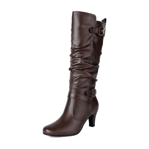 UTIKLIOU Women's Knee High Boots Slouchy Pull On Round Toe Wide Calf Boots Heeled Riding Boots Vintage Winter Shoes(Brown Size 10) Cover