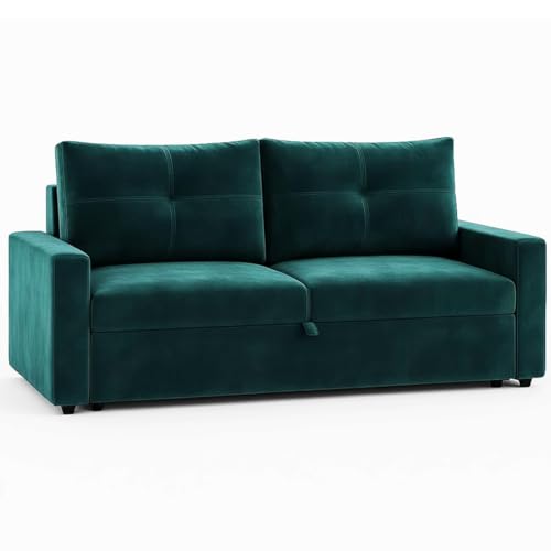 Image of FURNY Soria 2 Seater Pull-Out Premium Velvet Fabric Sofa Cum Bed Sofa Set for Living Room (Greenish Teal) Premium Finish | Ideal for Living Rooms, Bedrooms