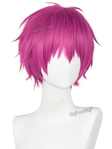 Image of Short Rose Red Anime Cosplay Wig for Men Pink Red Male Wigs with Bangs | Dark Pink Spiky Layered Synthetic Hair Wigs for Unisex Women Halloween Party Costumes