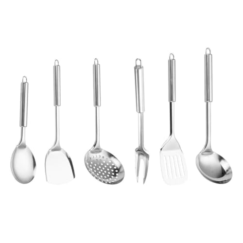 Juego de utensilios de cocina de acero inoxidable de 6 piezas que incluye juego de espátula de metal, espumadera de cocina, cucharón de sopa, elementos esenciales de cocina