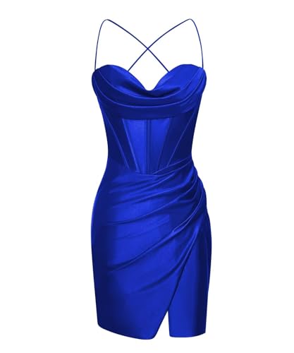 YMSHA Sweetheart Satin Royal Blue Homecoming Dresses for Juniors Tight Side Slit Pleated Sparkly Short Cocktail Prom Dress for Teens 8