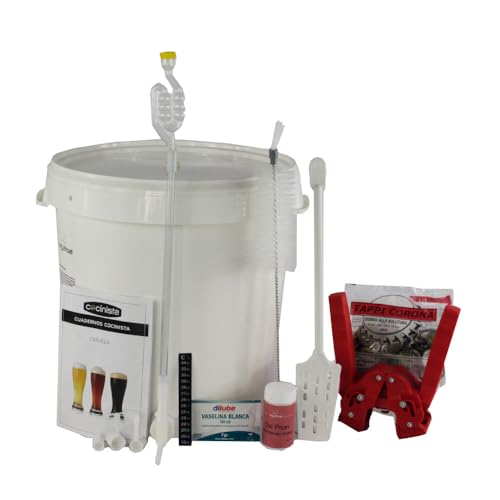 Cocinista Kit elaboración Cerveza casera 30 L con fermentador 1 ud, Grifo y airlock, chapador y 100 chapas, desinfectante sin aclarado, termómetro Adhesivo y Accesorios para embotellar fácil